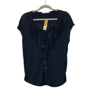 NWT C&C California Ruffle Button Down V Neck Black Knit Top Sz. S